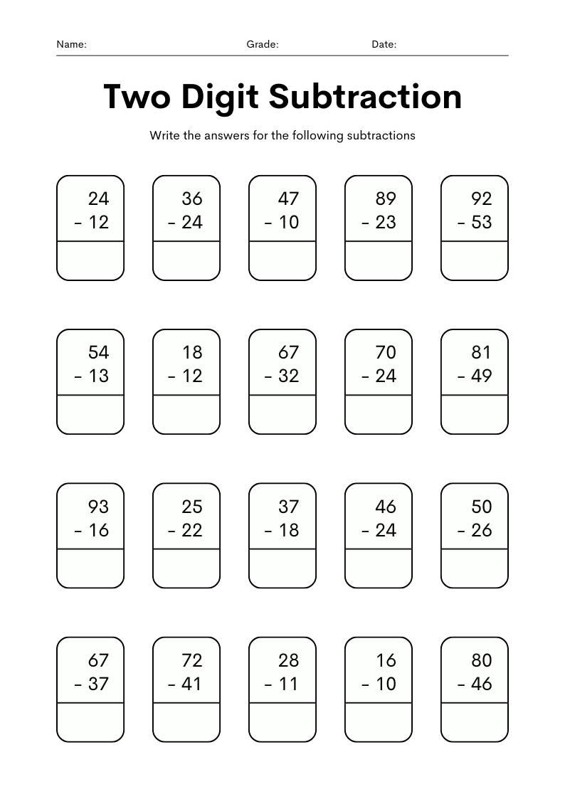 Two Digit Subtraction — Scăderi în engleză — prima pagină